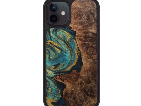 iPhone 12 Wood+Resin Phone Case - Kathryn (Teal & Gold, 706020) Fashion