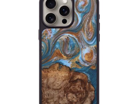 iPhone 15 Pro Max Wood+Resin Phone Case - Darlene (Teal & Gold, 708998) For Cheap