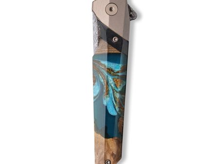 Live Edge Wood+Resin Pocket Knife - Branden (Teal & Gold, 710200) Online Sale