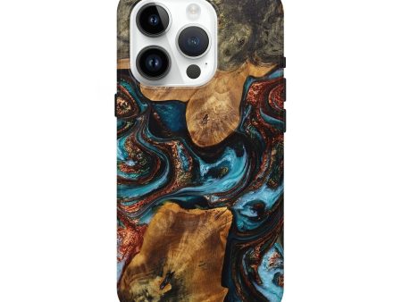 iPhone 15 Pro Wood+Resin Live Edge Phone Case - Dixie (Teal & Gold, 707787) For Sale