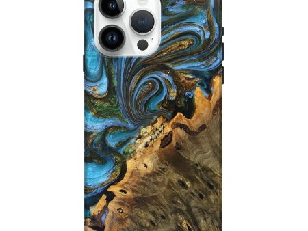 iPhone 15 Pro Max Wood+Resin Live Edge Phone Case - Angie (Teal & Gold, 709844) Sale