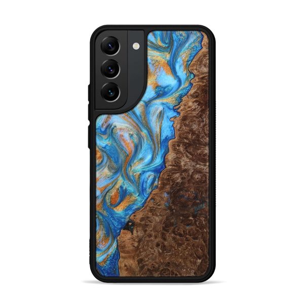 Galaxy S22 Plus Wood+Resin Phone Case - Colleen (Teal & Gold, 708393) on Sale