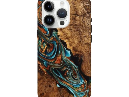 iPhone 15 Pro Wood+Resin Live Edge Phone Case - Lennox (Teal & Gold, 710461) For Cheap