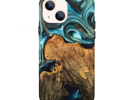 iPhone 13 Wood+Resin Live Edge Phone Case - Abby (Teal & Gold, 709566) Supply