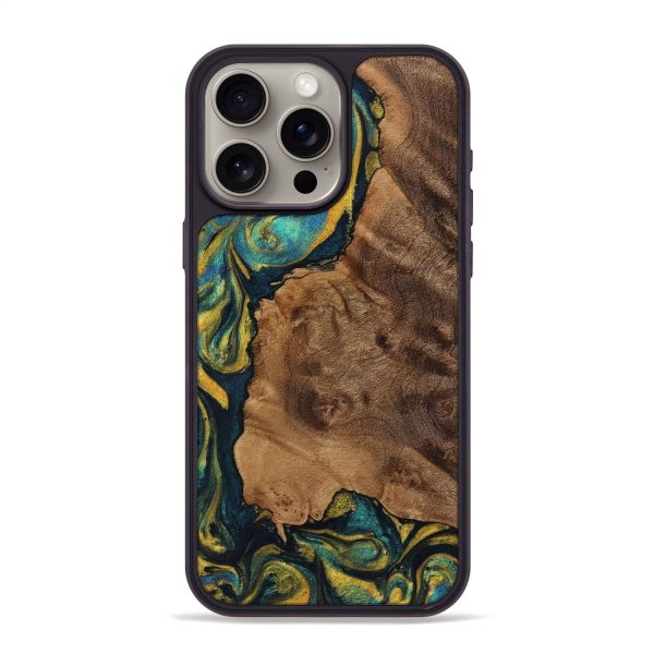 iPhone 15 Pro Max Wood+Resin Phone Case - Trevor (Teal & Gold, 709741) Hot on Sale