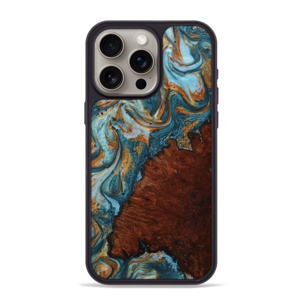 iPhone 15 Pro Max Wood+Resin Phone Case - Alec (Teal & Gold, 707743) Online Hot Sale