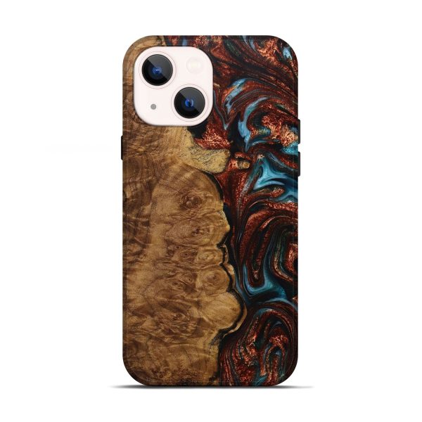 iPhone 13 Wood+Resin Live Edge Phone Case - Sandra (Teal & Gold, 707784) Discount