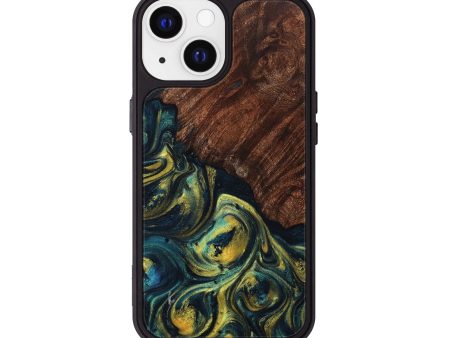 iPhone 13 Wood+Resin Phone Case - Makenzie (Teal & Gold, 708404) on Sale