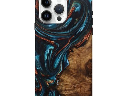 iPhone 15 Pro Max Wood+Resin Live Edge Phone Case - Amara (Teal & Gold, 709576) For Sale