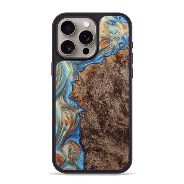 iPhone 15 Pro Max Wood+Resin Phone Case - Teresa (Teal & Gold, 710084) Supply