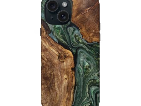 iPhone 15 Wood+Resin Live Edge Phone Case - Inez (Green, 710142) For Sale