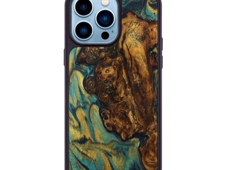 iPhone 14 Pro Max Wood+Resin Phone Case - Aaliyah (Teal & Gold, 706026) For Sale