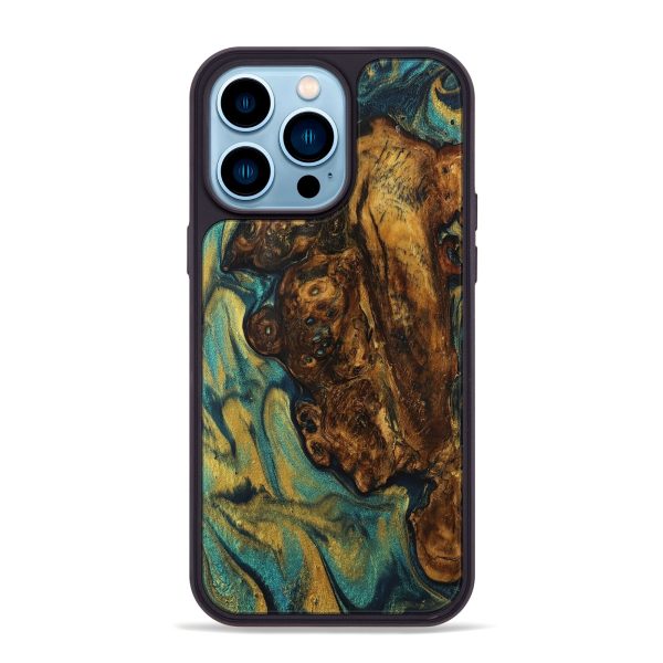 iPhone 14 Pro Max Wood+Resin Phone Case - Aaliyah (Teal & Gold, 706026) For Sale