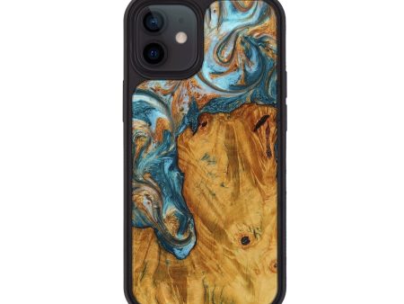 iPhone 12 Wood+Resin Phone Case - Amy (Teal & Gold, 707746) For Cheap