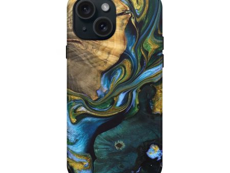 iPhone 15 Wood+Resin Live Edge Phone Case - Florence (Teal & Gold, 705715) Online