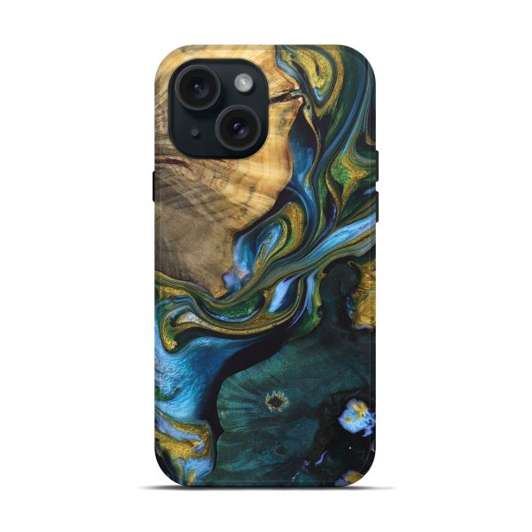 iPhone 15 Wood+Resin Live Edge Phone Case - Florence (Teal & Gold, 705715) Online