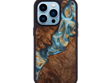 iPhone 14 Pro Wood+Resin Phone Case - Pam (Teal & Gold, 705541) Online Sale