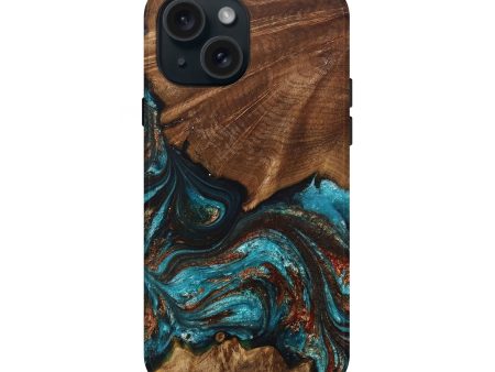 iPhone 15 Wood+Resin Live Edge Phone Case - Kyle (Teal & Gold, 705427) For Sale