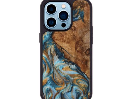 iPhone 14 Pro Wood+Resin Phone Case - Gemma (Teal & Gold, 705545) For Cheap