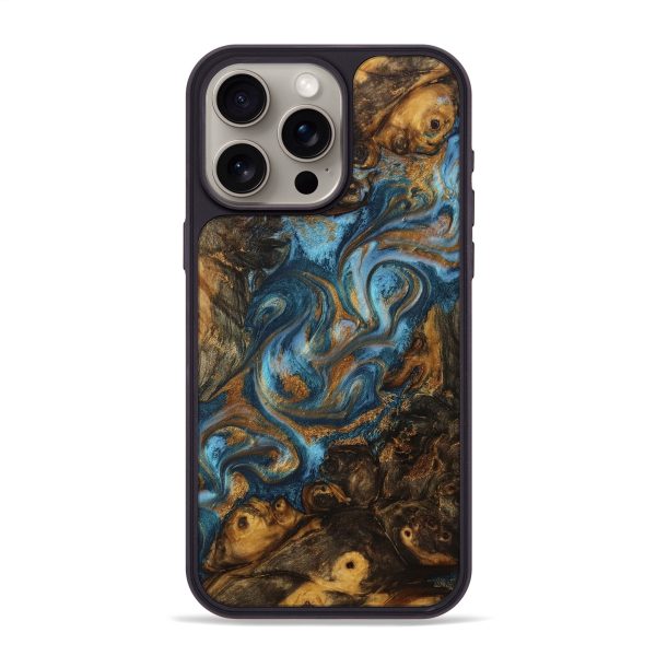 iPhone 15 Pro Max Wood+Resin Phone Case - Bria (Teal & Gold, 705535) Online Sale