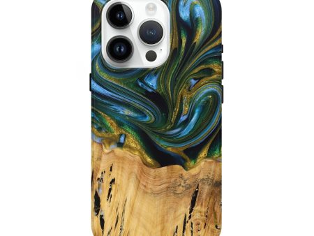 iPhone 15 Pro Wood+Resin Live Edge Phone Case - Caiden (Teal & Gold, 705950) on Sale