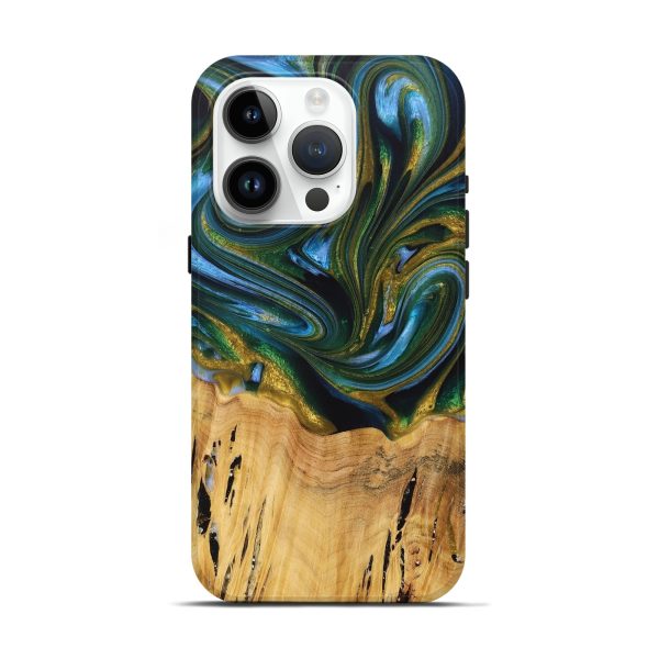 iPhone 15 Pro Wood+Resin Live Edge Phone Case - Caiden (Teal & Gold, 705950) on Sale