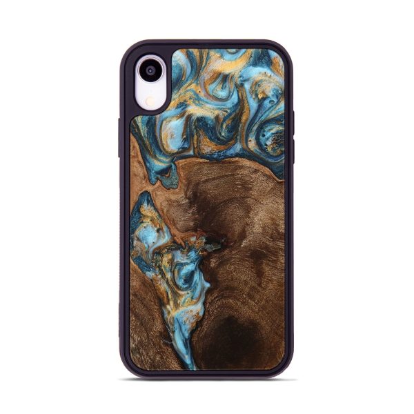 iPhone Xr Wood+Resin Phone Case - Cayden (Teal & Gold, 705530) For Sale